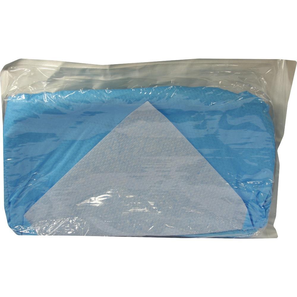 Eine blaue Einwegunterlage in einer transparenten Verpackung.