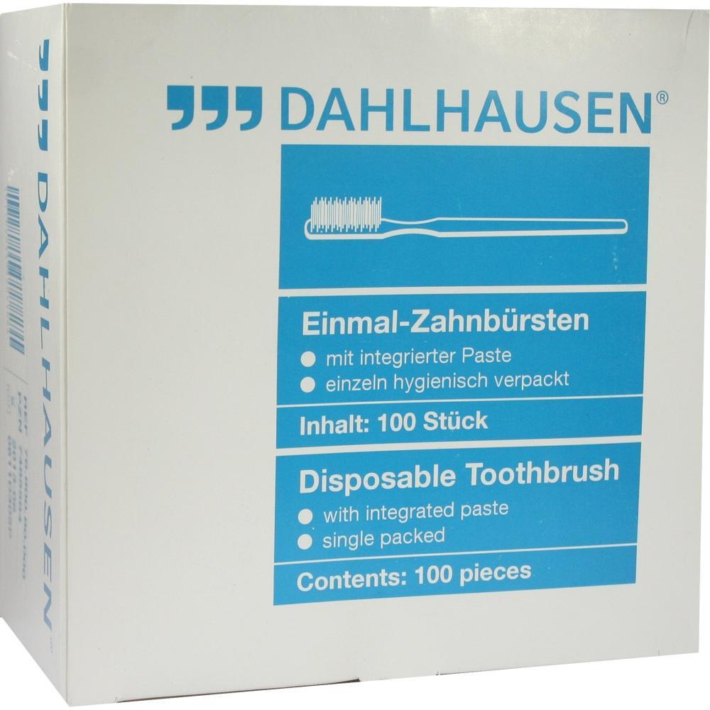 Eine Packung mit 100 Einmal-Zahnb&uuml;rsten mit integrierter Paste.