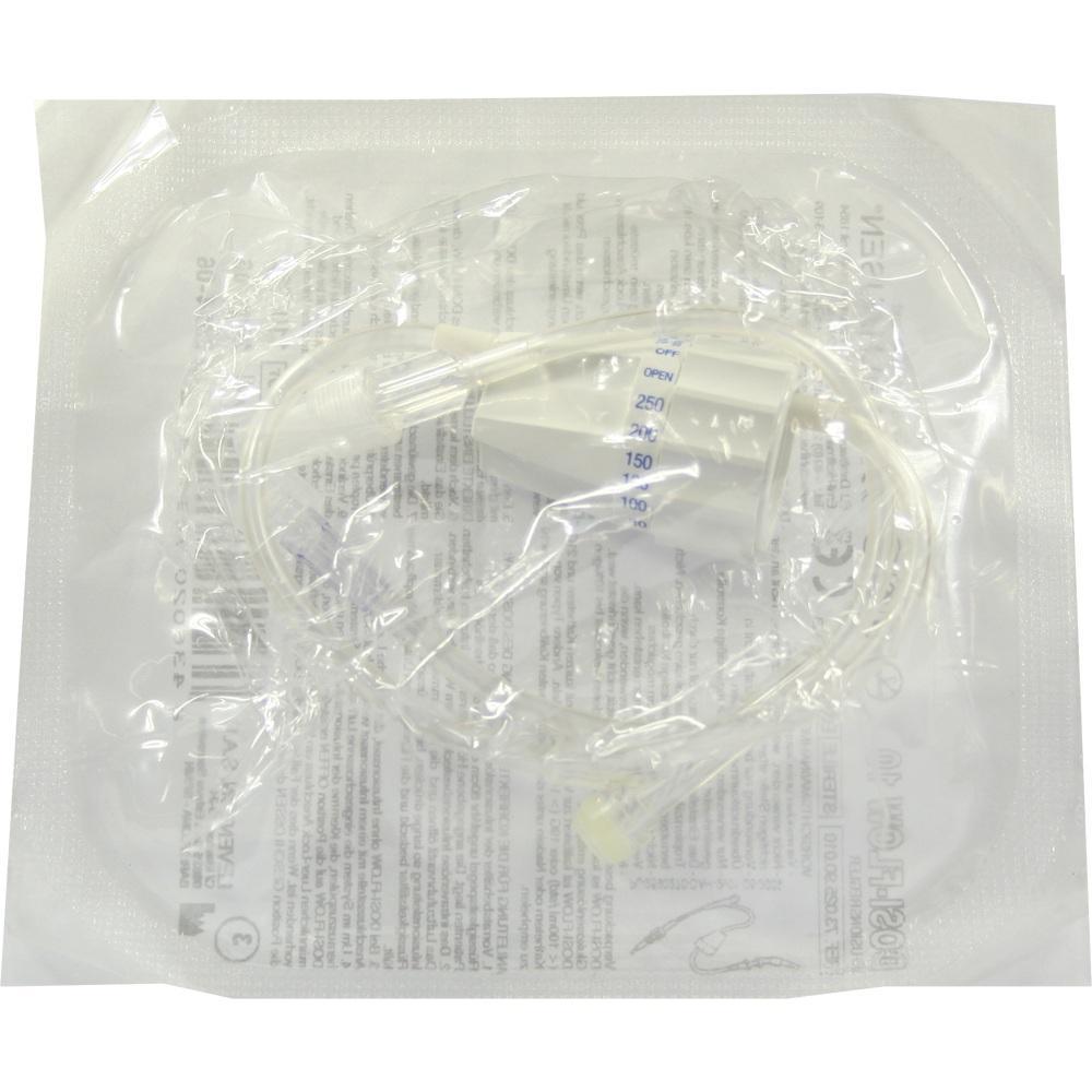 Ein medizinisches Infusionsset in einer durchsichtigen Plastikhülle.