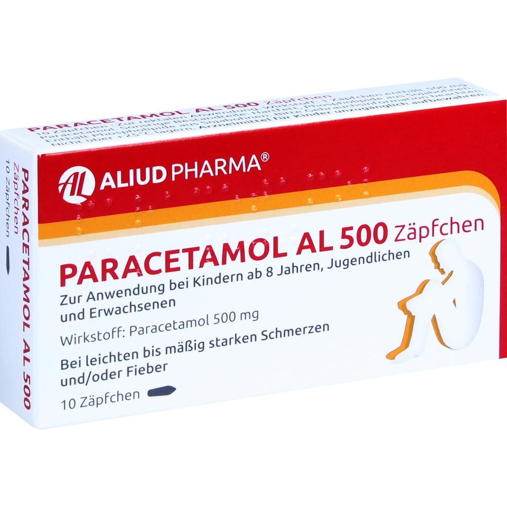 Packung Paracetamol AL 500 Z&auml;pfchen f&uuml;r Kinder und Erwachsene bei Schmerzen und Fieber.
