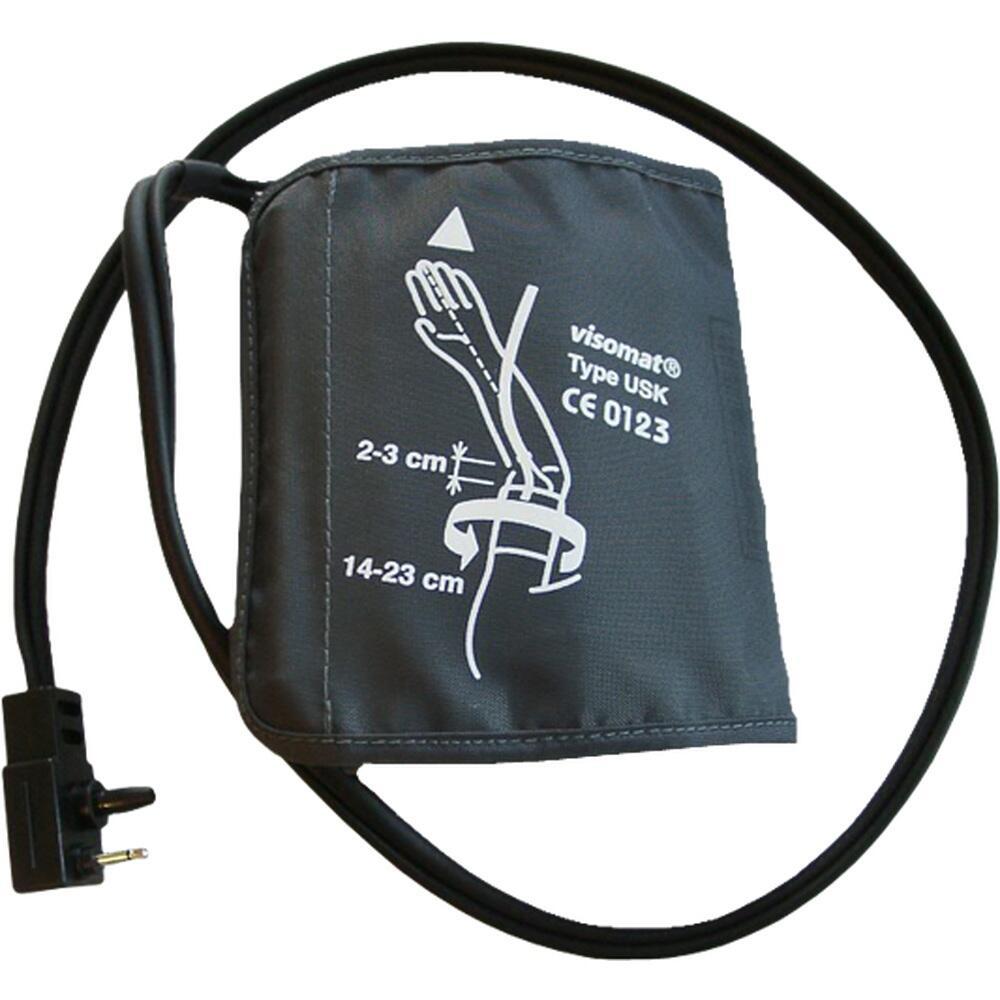 Eine Blutdruckmanschette mit Anleitung zum Anlegen am Arm.