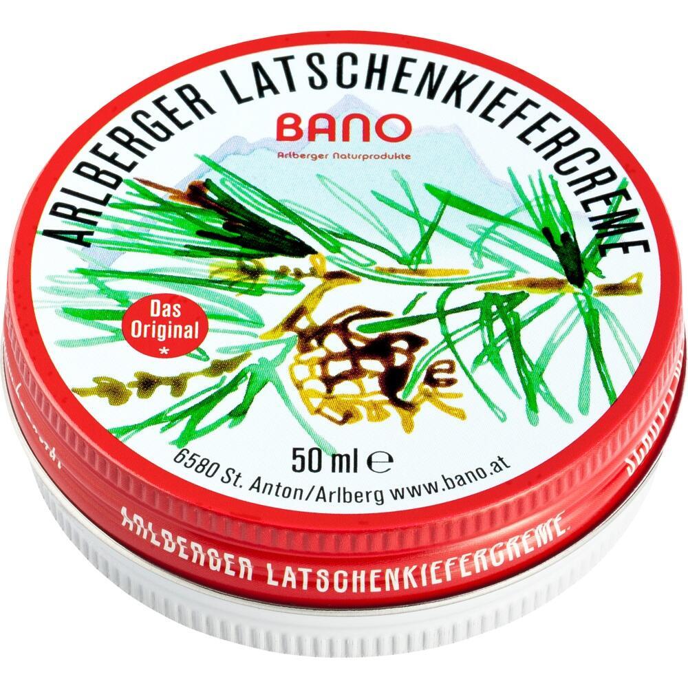 Runde, rote Dose mit Aufschrift "Arlberger Latschenkiefercreme" und Kieferzweig-Zeichnung.