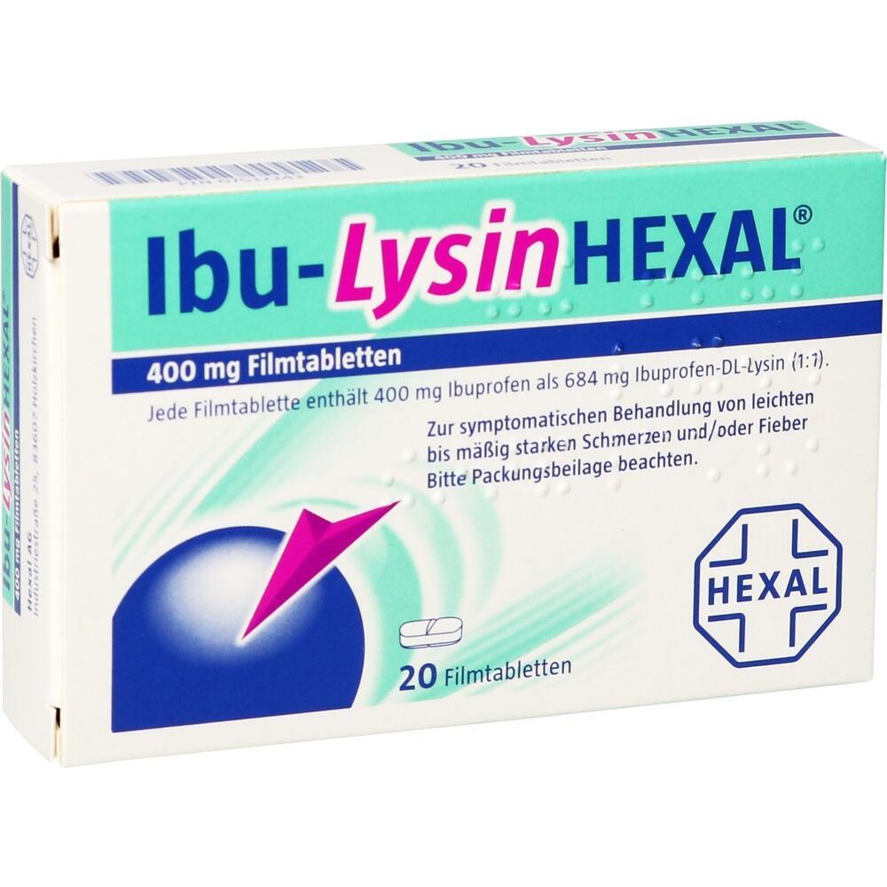 Eine Packung Ibu-LysinHEXAL mit 20 Filmtabletten zur Schmerz- und Fieberbehandlung.