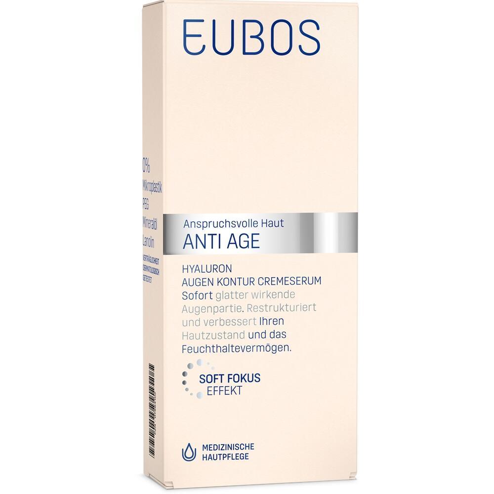 Eine cremefarbene Schachtel für Anti-Age Augencremeserum der Marke EUBOS.