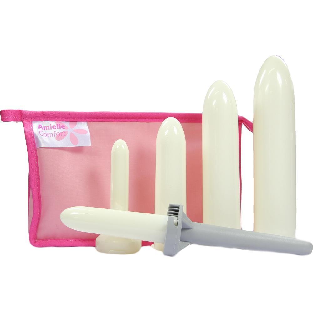 Auf dem Bild sind wei&szlig;e Vaginal-Dilatoren in verschiedenen Gr&ouml;&szlig;en vor einer pinken Tasche zu sehen.