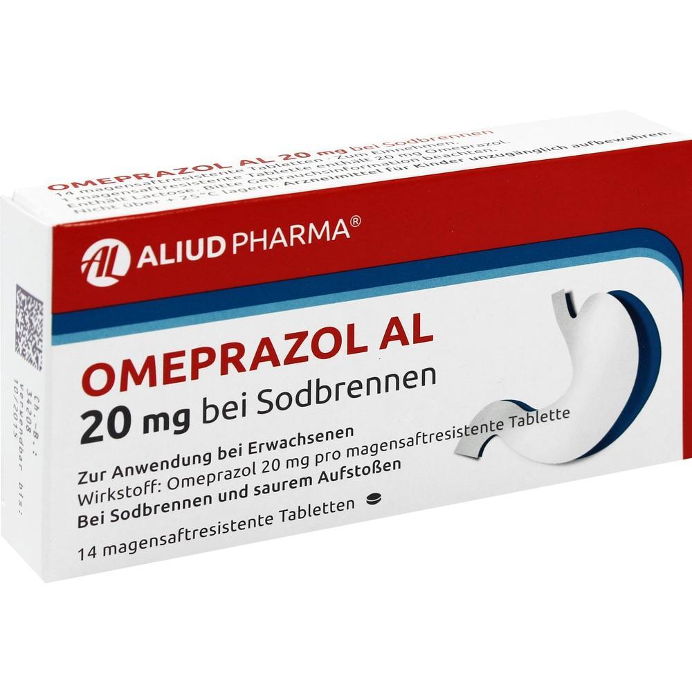 Packung von Omeprazol AL Tabletten gegen Sodbrennen, 20 mg.