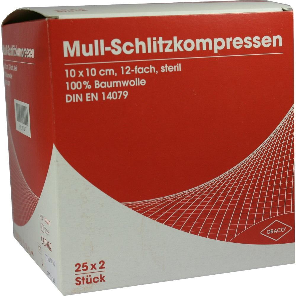Rote Box mit Mull-Schlitzkompressen aus Baumwolle, 10x10 cm, 25 x 2 St&uuml;ck.