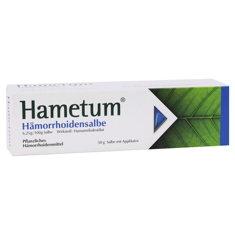 Eine H&auml;morrhoidensalbe-Verpackung von Hametum mit gr&uuml;nem Bl&auml;tterdesign.