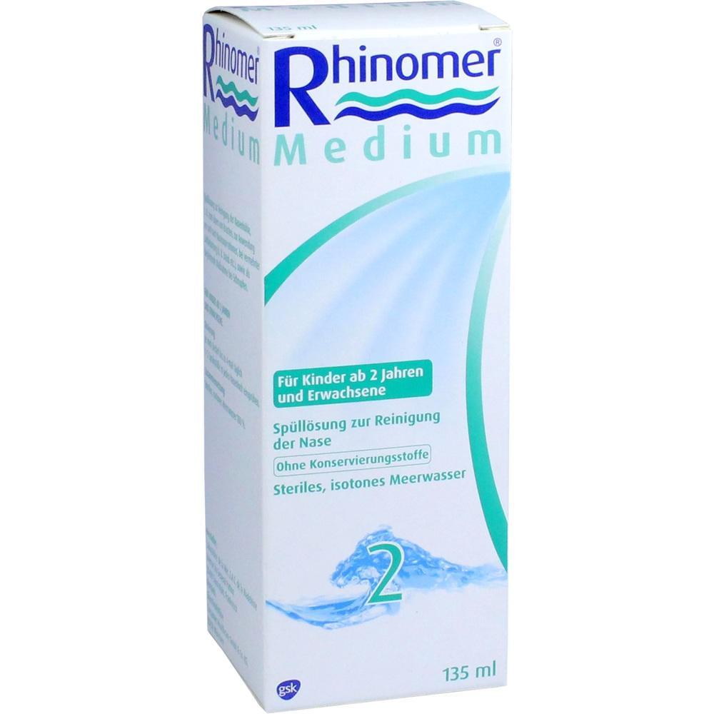 Verpackung von Rhinomer Medium, einer Nasensp&uuml;ll&ouml;sung mit Meerwasser f&uuml;r Kinder und Erwachsene.