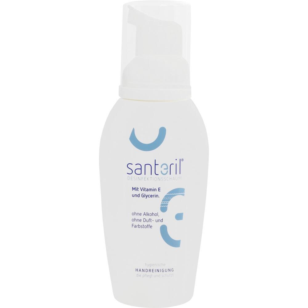 Eine Flasche Desinfektionsschaum von santeril ohne Alkohol und Duftstoffe.