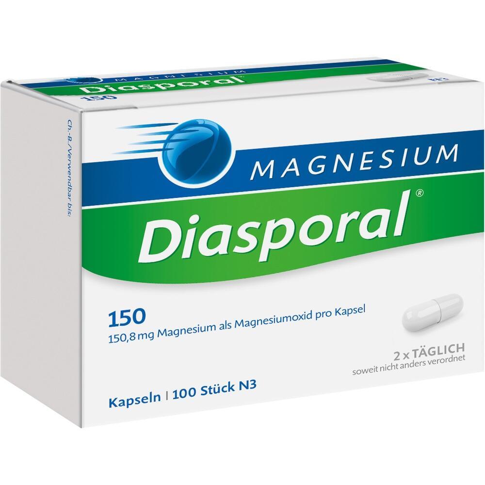 Eine Packung Magnesium Diasporal Kapseln mit 150,8 mg pro Kapsel.