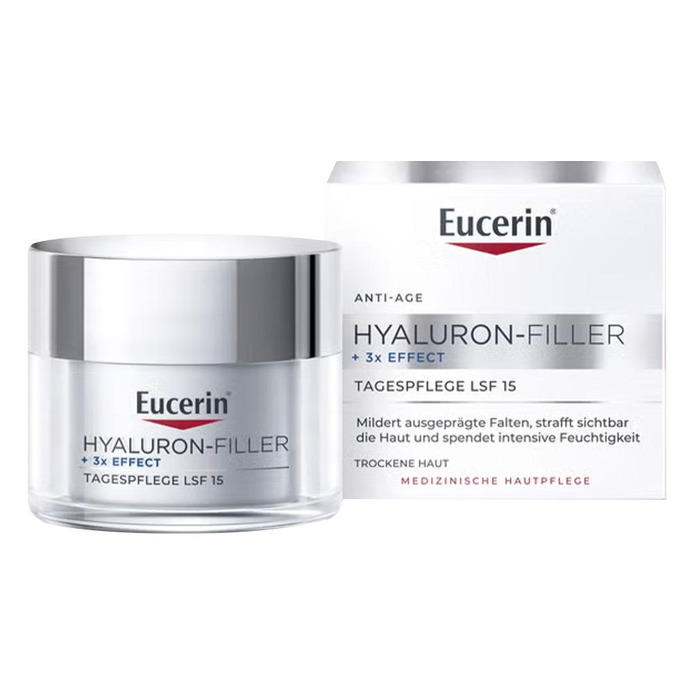 Eine weiße Verpackung eines Anti-Age Hyaluron-Fillers von Eucerin für trockene Haut.