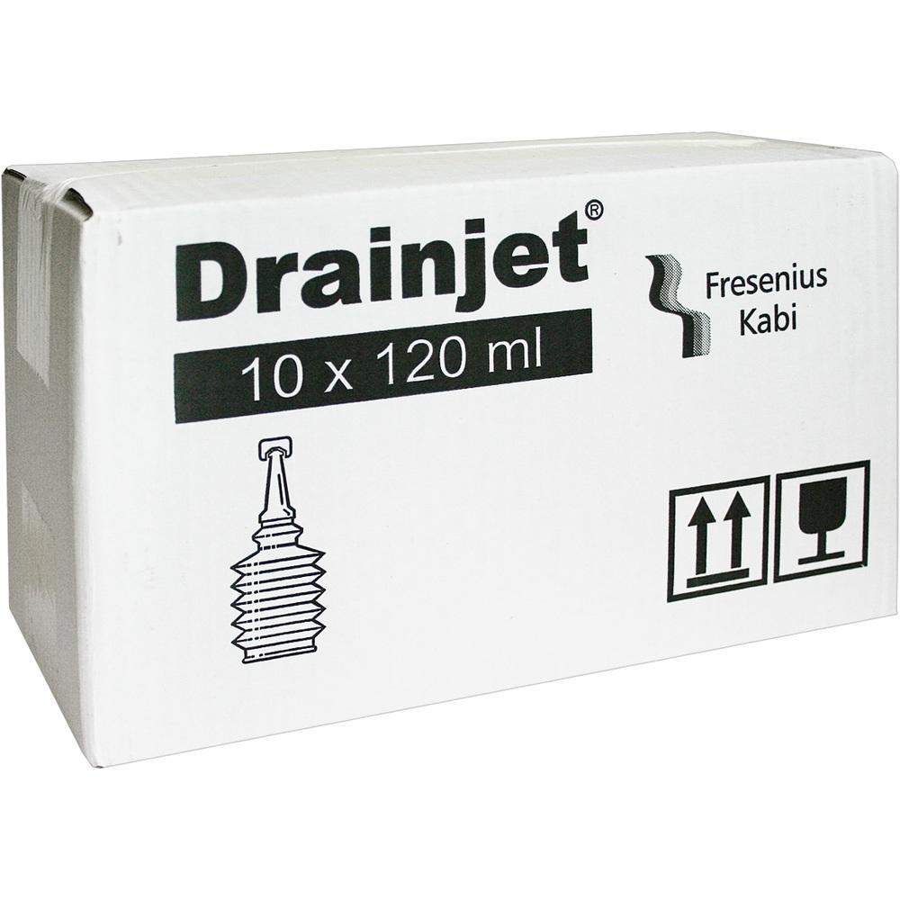 Ein Karton mit der Aufschrift "Drainjet 10 x 120 ml" und einigen Symbolen darauf.