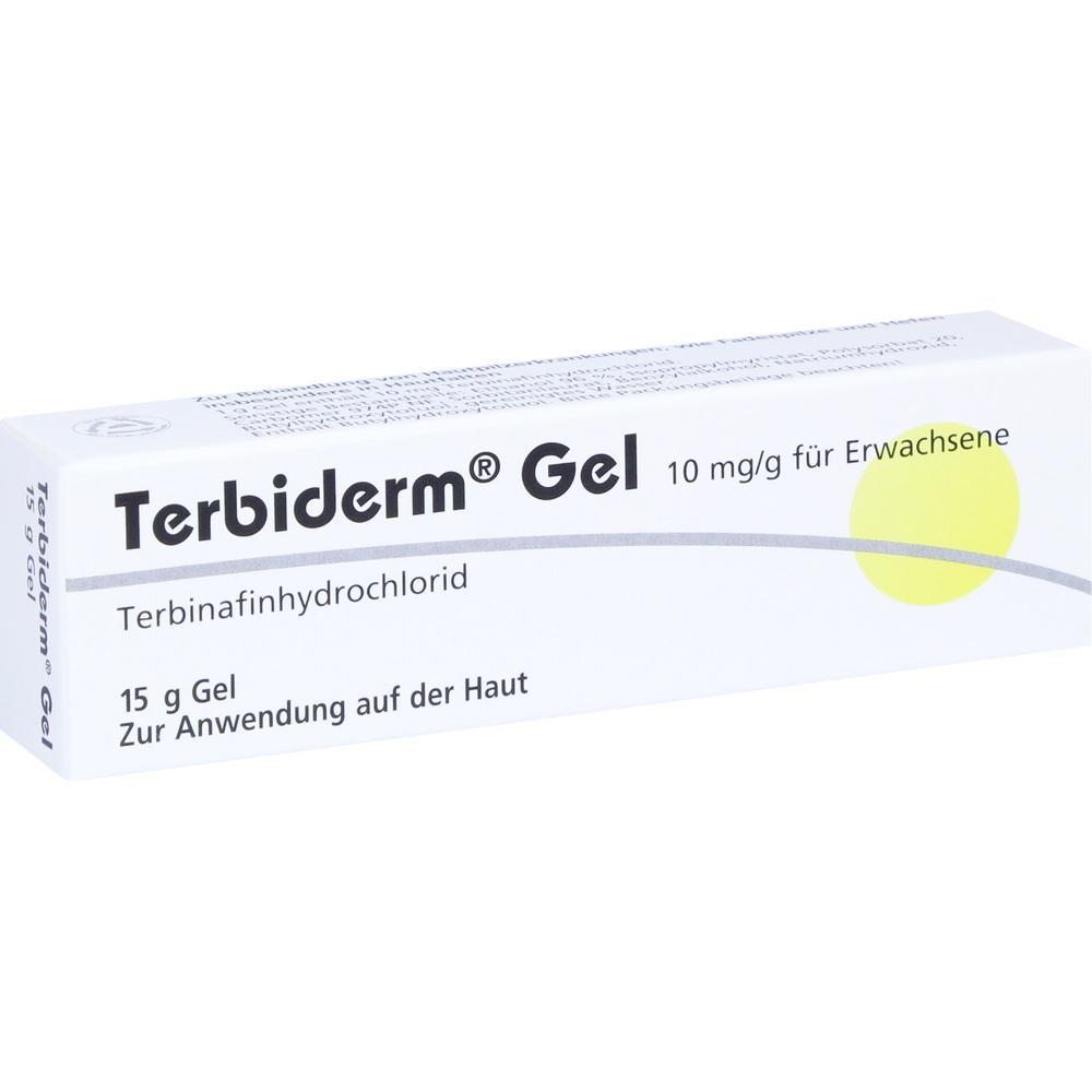 Weiße Verpackung von Terbiderm Gel zur Anwendung auf der Haut.
