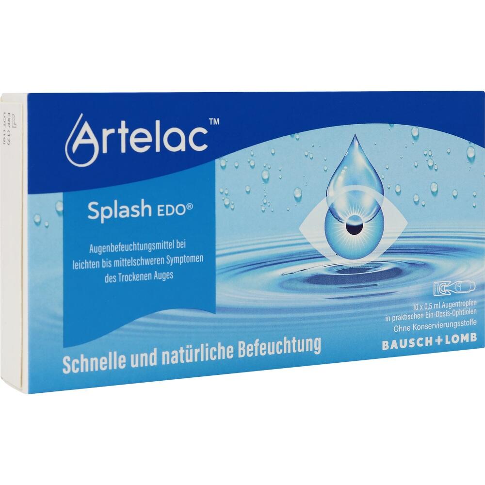 Verpackung von Augentropfen mit einem Wassertropfen und einem Auge als Hauptmotiven.