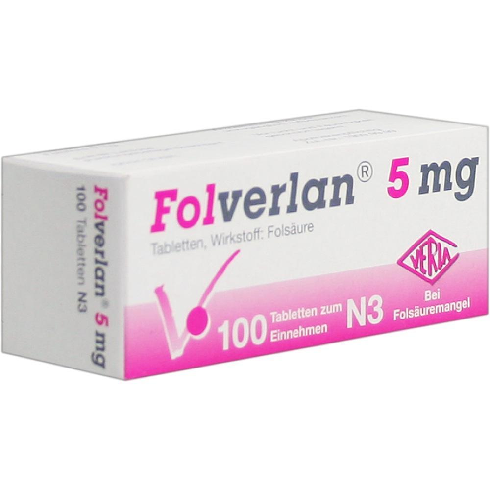 Wei&szlig;e Medikamentenschachtel mit der Aufschrift "Folferlan 5 mg Fols&auml;ure".