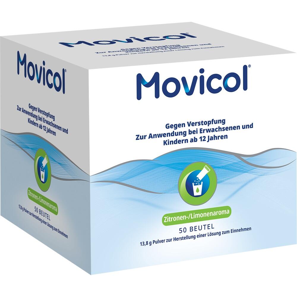 Eine Packung Movicol gegen Verstopfung mit Zitronenaroma für Menschen ab 12 Jahren.