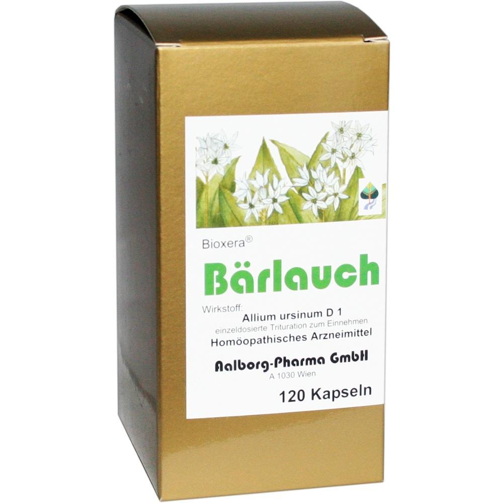 Goldene Packung mit grüner Aufschrift "Bärlauch" und 120 Kapseln enthalten.