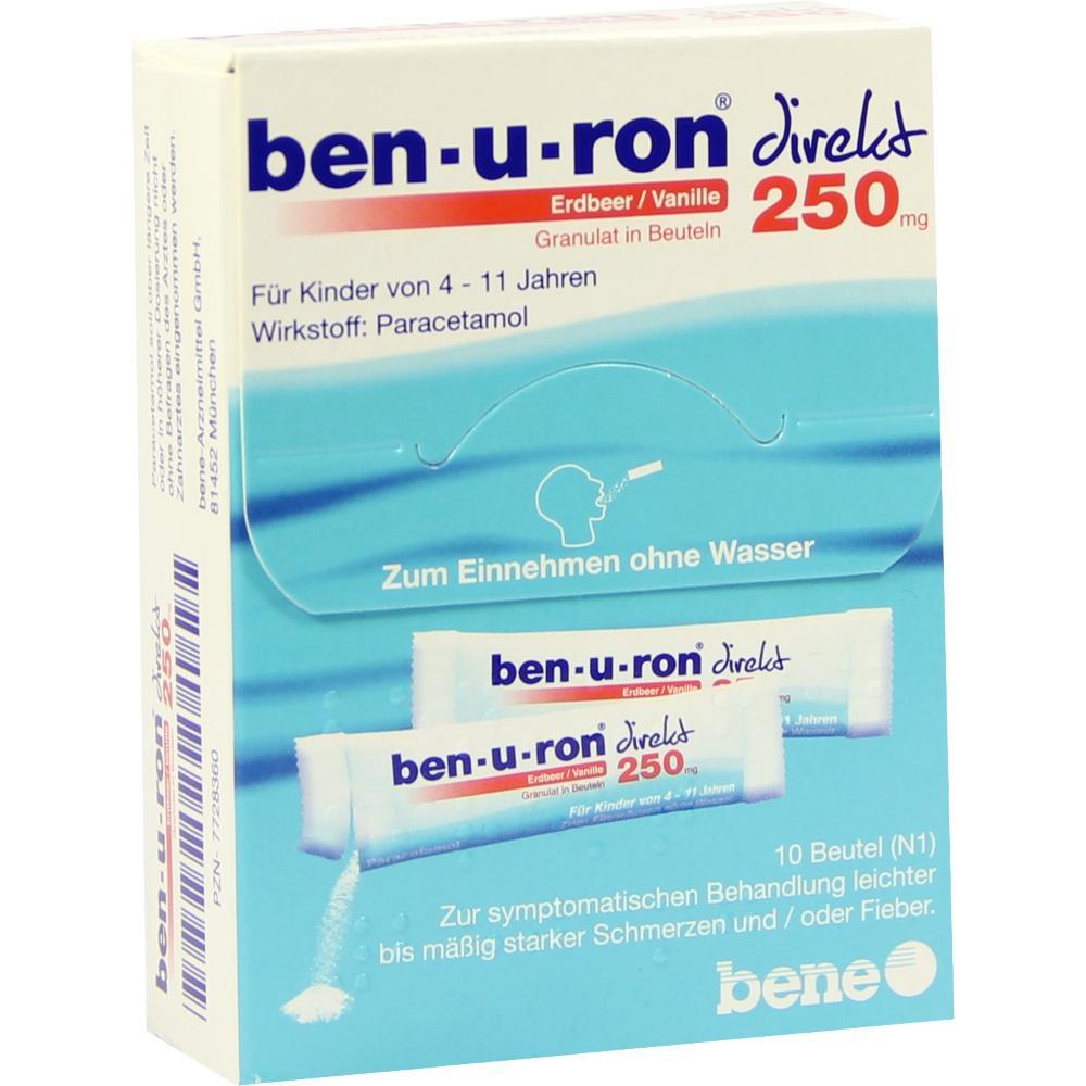 Verpackung von ben-u-ron 250 mg Granulat f&uuml;r Kinder mit Erdbeer-Vanille-Geschmack.