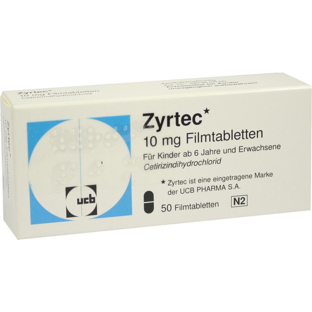 Eine Packung Zyrtec-Tabletten mit 50 Filmtabletten &agrave; 10 mg.