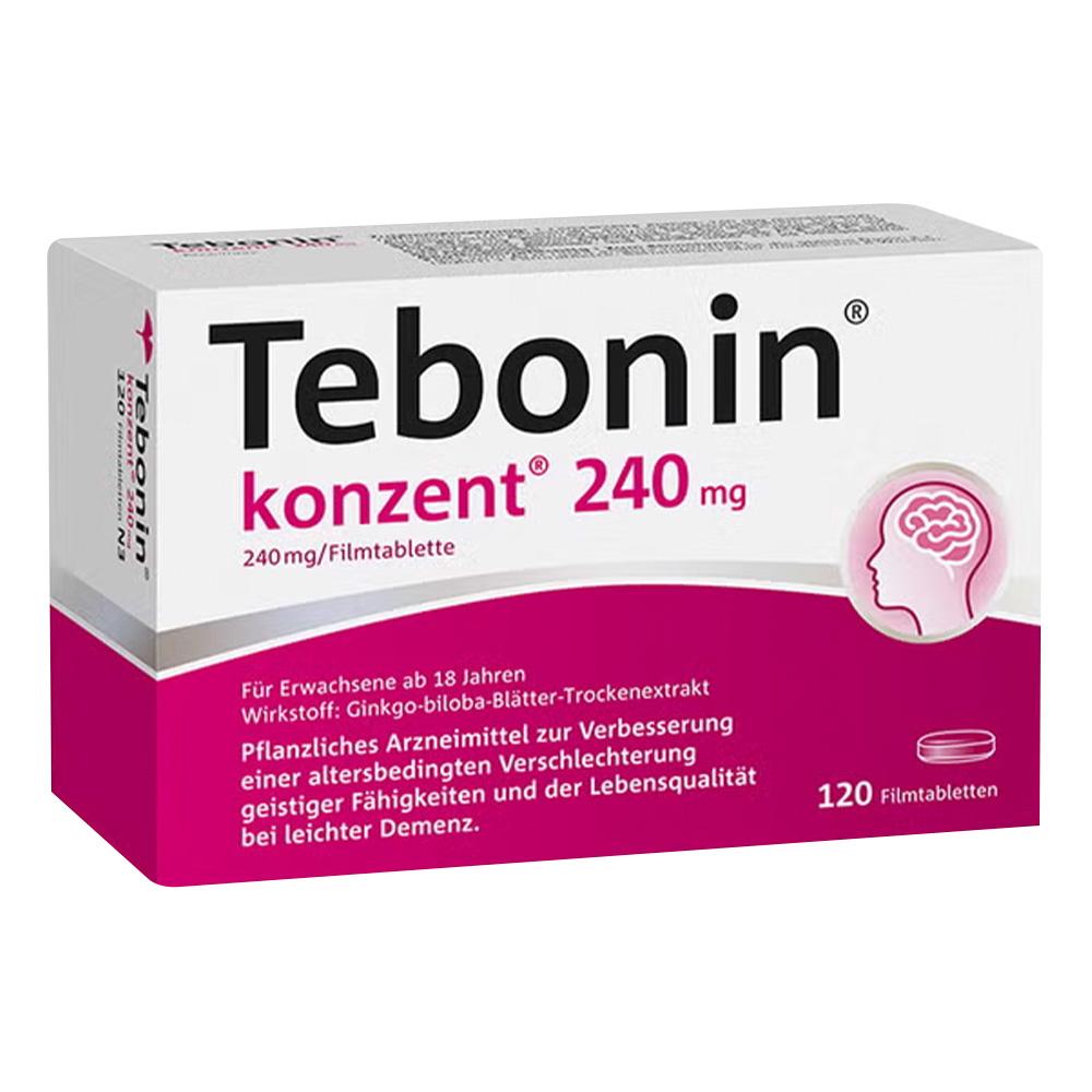 Packung mit Tebonin Filmtabletten, 240 mg, zur Unterstützung geistiger Fähigkeiten.