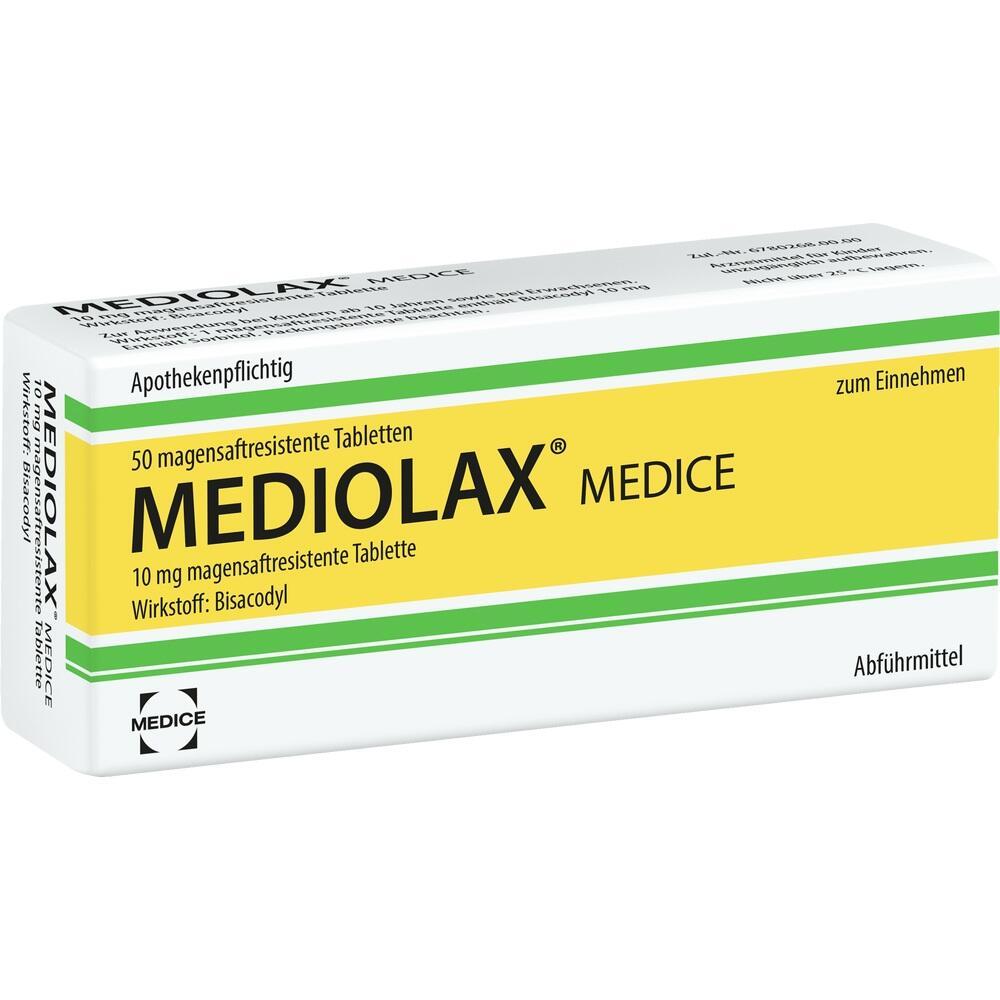 Eine Packung magensaftresistente Abführtabletten namens MEDIOLAX.