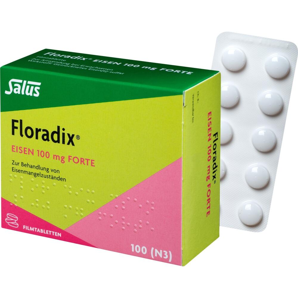 Eine Verpackung von Floradix Eisen-Tabletten mit einem Blisterpackung daneben.