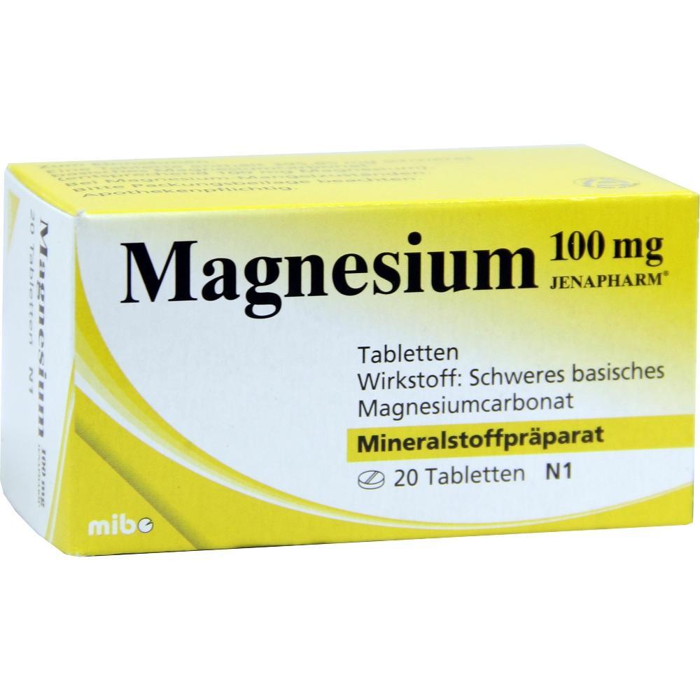 Gelbe Packung mit Magnesium-Tabletten, 100 mg, 20 St&uuml;ck.