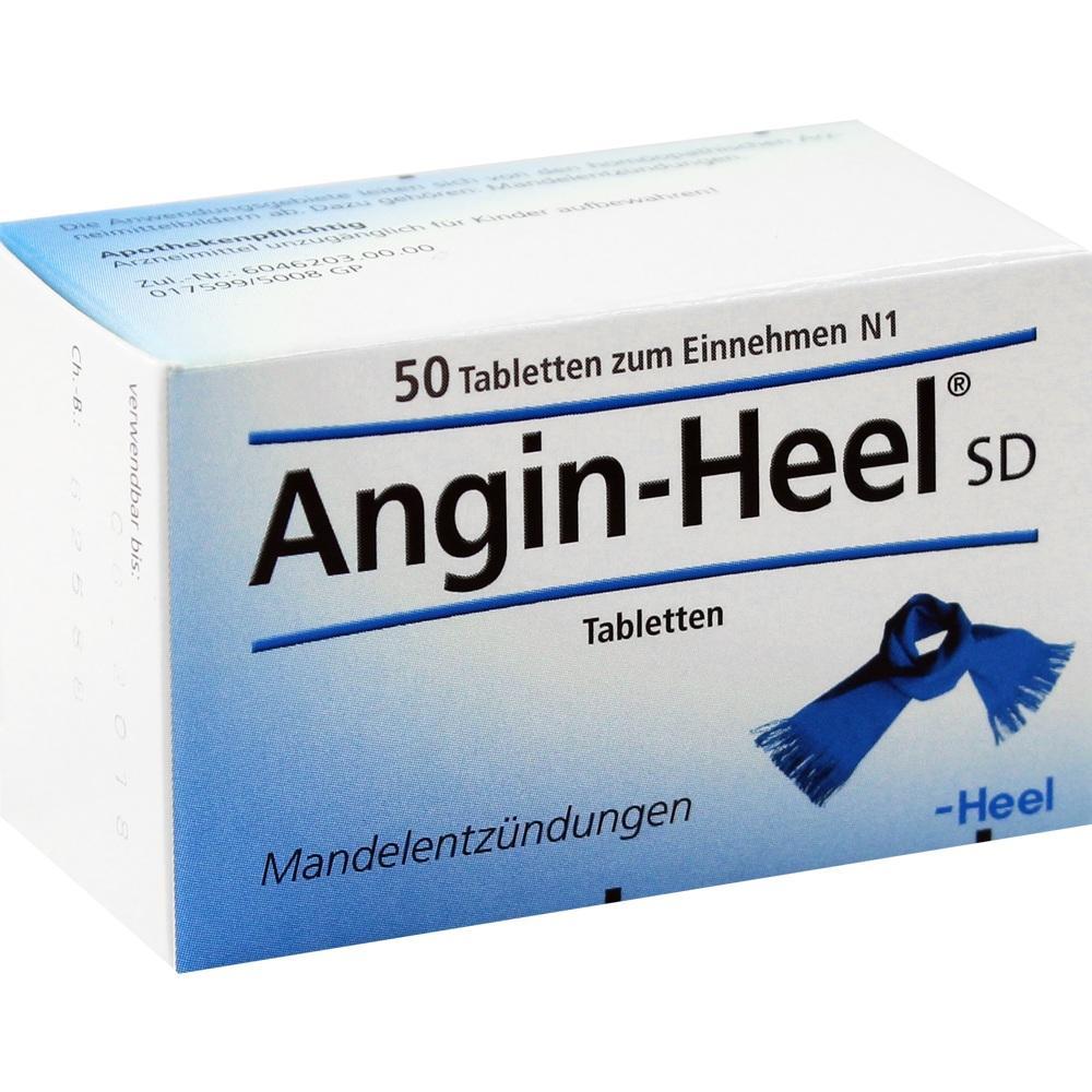 Eine Packung mit 50 Angin-Heel-Tabletten gegen Mandelentzündungen.