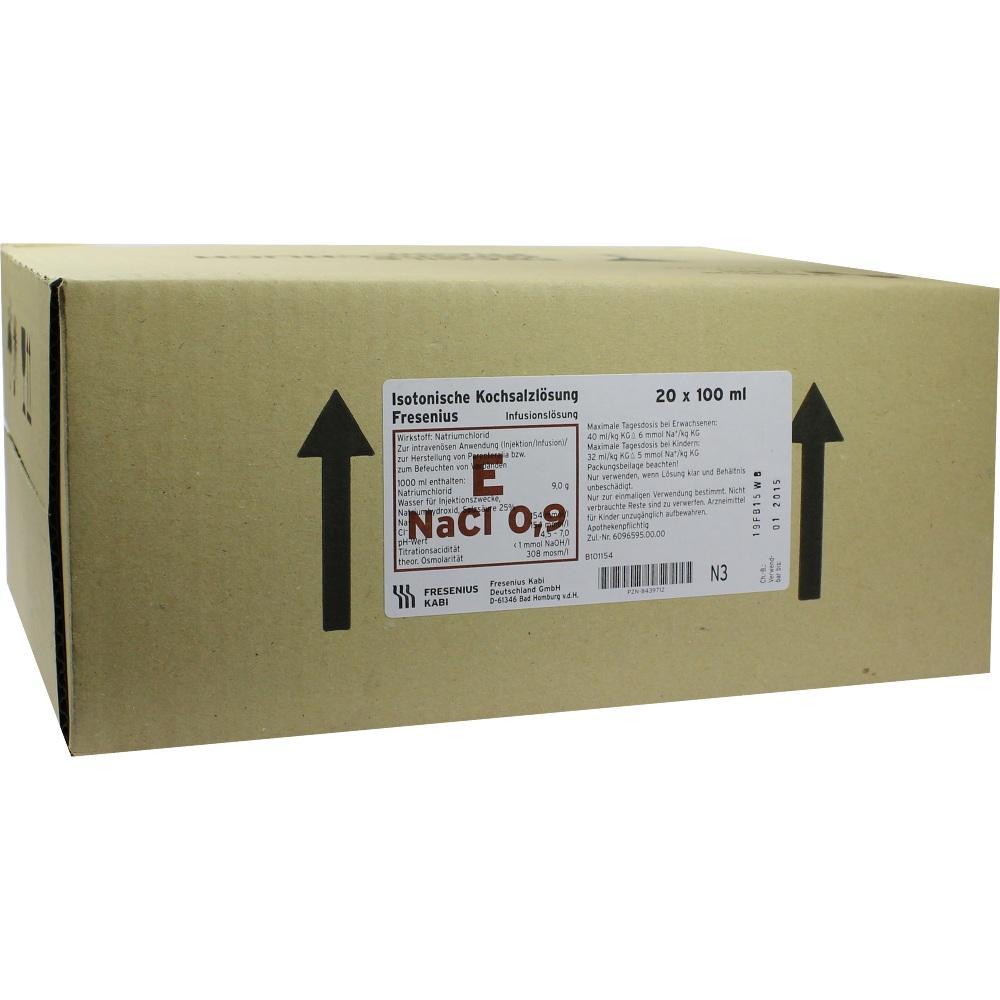 Ein brauner Karton mit Etikett für Kochsalzlösung von Fresenius.