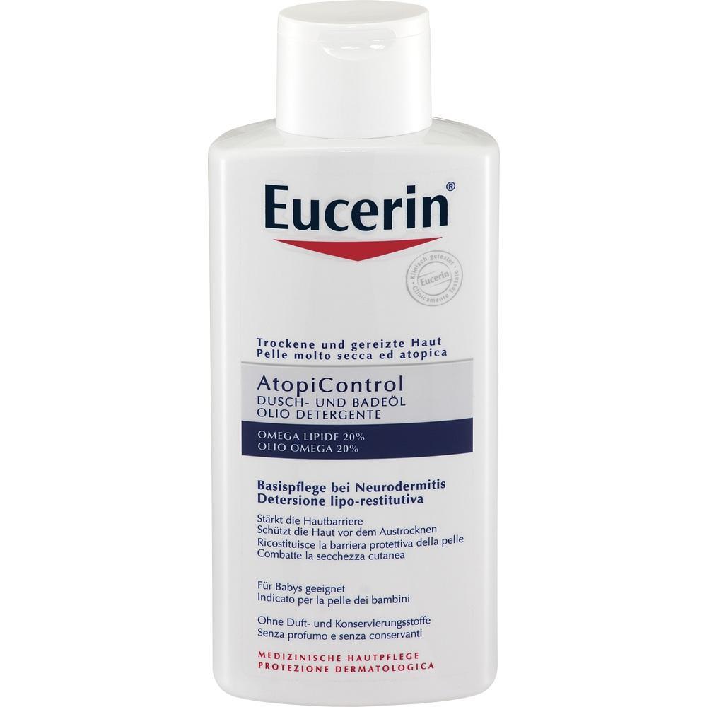 Flasche von Eucerin AtopiControl Dusch- und Bade&ouml;l f&uuml;r trockene, gereizte Haut.