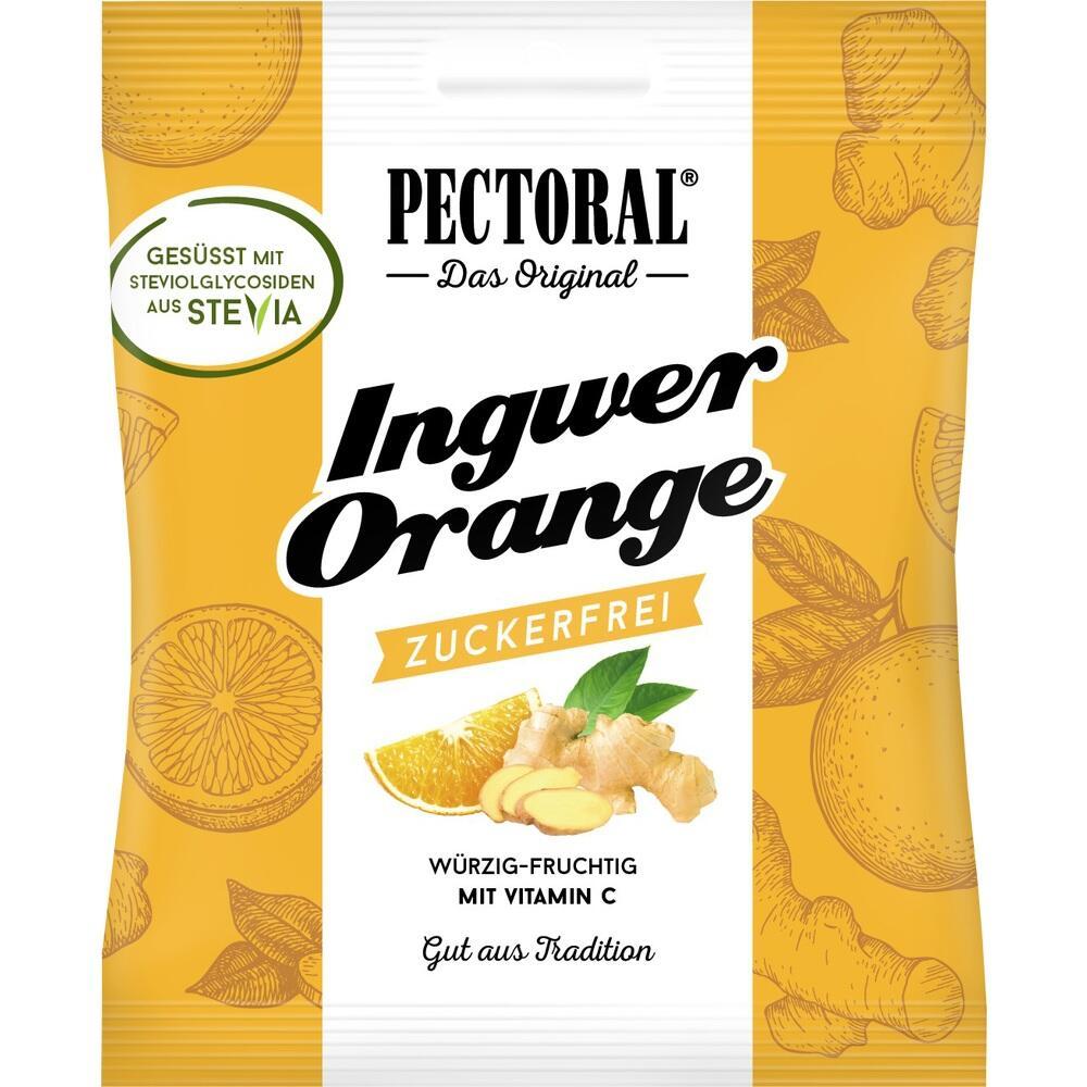 Verpackung von zuckerfreien Ingwer-Orange-Bonbons, ges&uuml;&szlig;t mit Stevia.