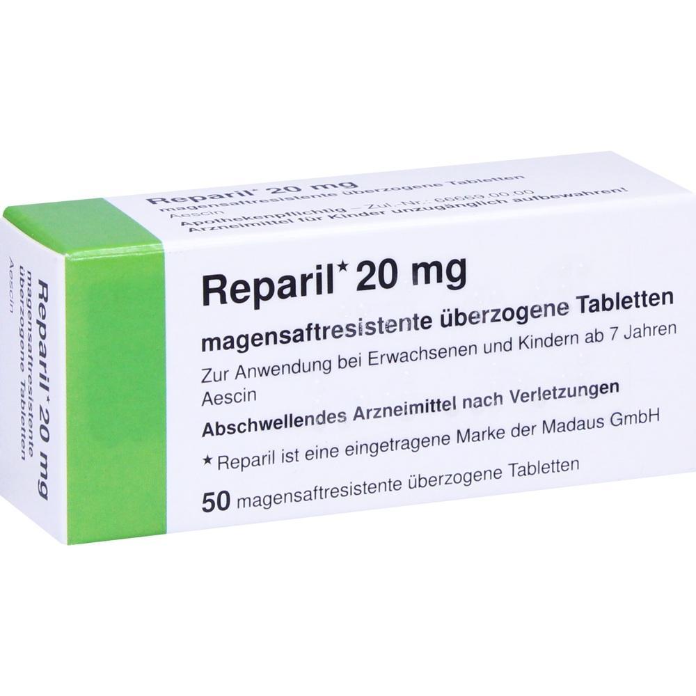 Eine Schachtel mit Reparil 20 mg Tabletten gegen Schwellungen.