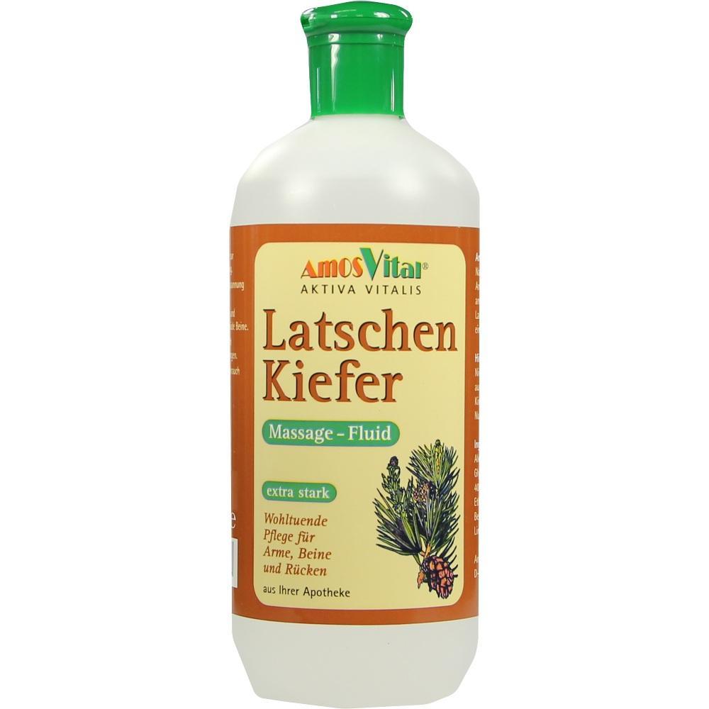 Eine Flasche mit Latschenkiefer Massage-Fluid und grüner Verschlusskappe.