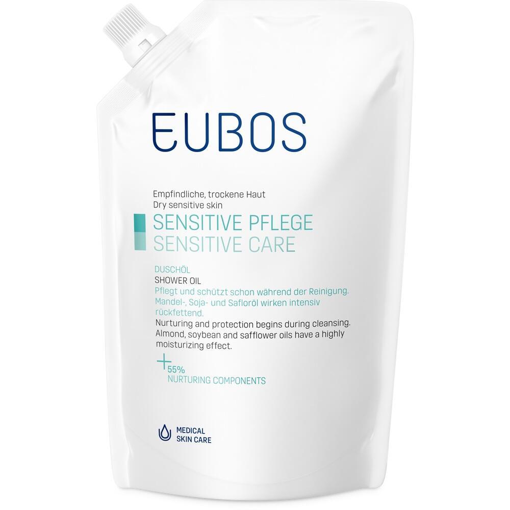 Weiße Plastikverpackung mit der Aufschrift "EUBOS Sensitive Pflege Duschöl".