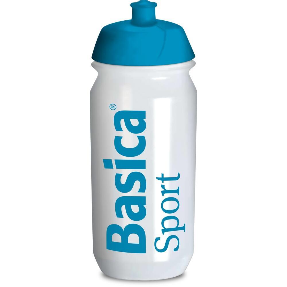 Weiße Trinkflasche mit blauem Deckel und der Aufschrift "Basica Sport".
