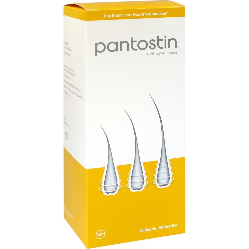 Eine gelbe und weiße Packung mit der Aufschrift "Pantostin" für Kopfhaut und Haare.