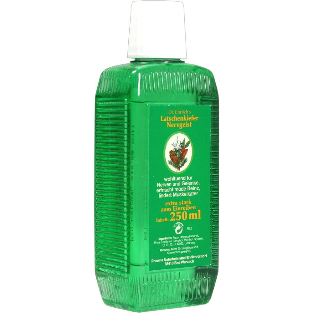 Grüne Flasche mit Dr. Ehrlichs Latschenkiefer Nervgeist, 250 ml zum Einreiben.