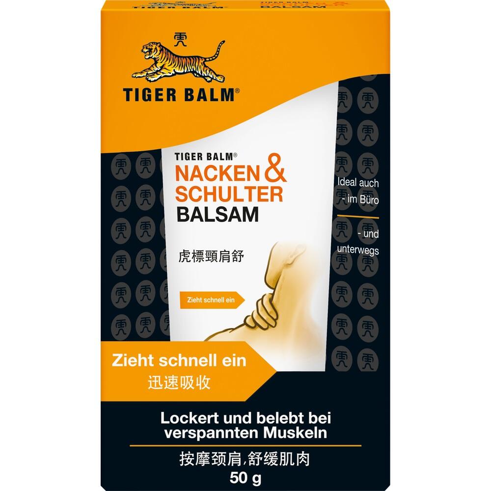 Die Verpackung zeigt Tiger Balm Nacken- und Schulter-Balsam für verspannte Muskeln.