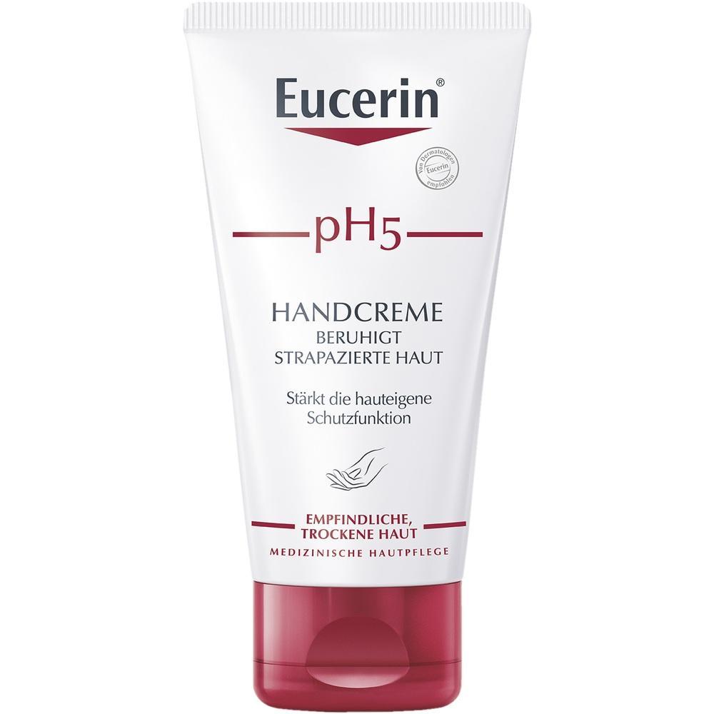 Eine Tube Eucerin pH5 Handcreme für empfindliche, trockene Haut.