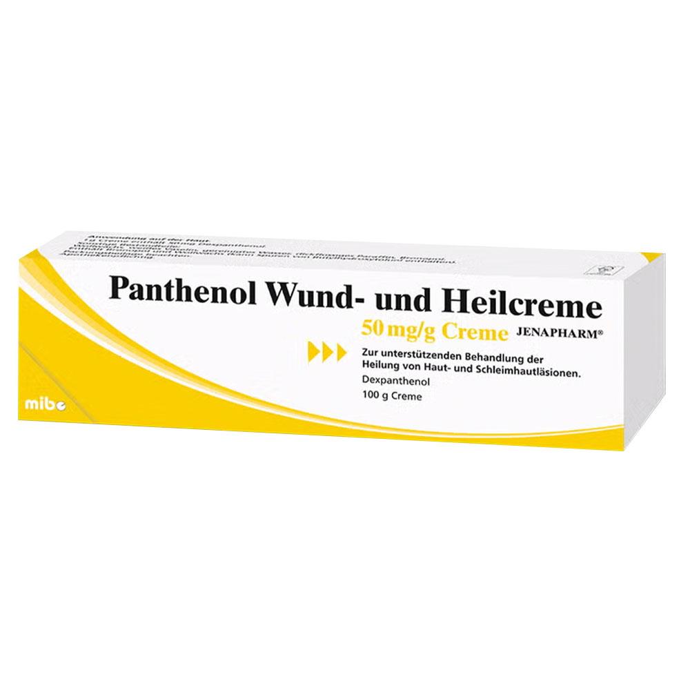 Eine gelb-wei&szlig;e Verpackung mit Panthenol Wund- und Heilsalbe.