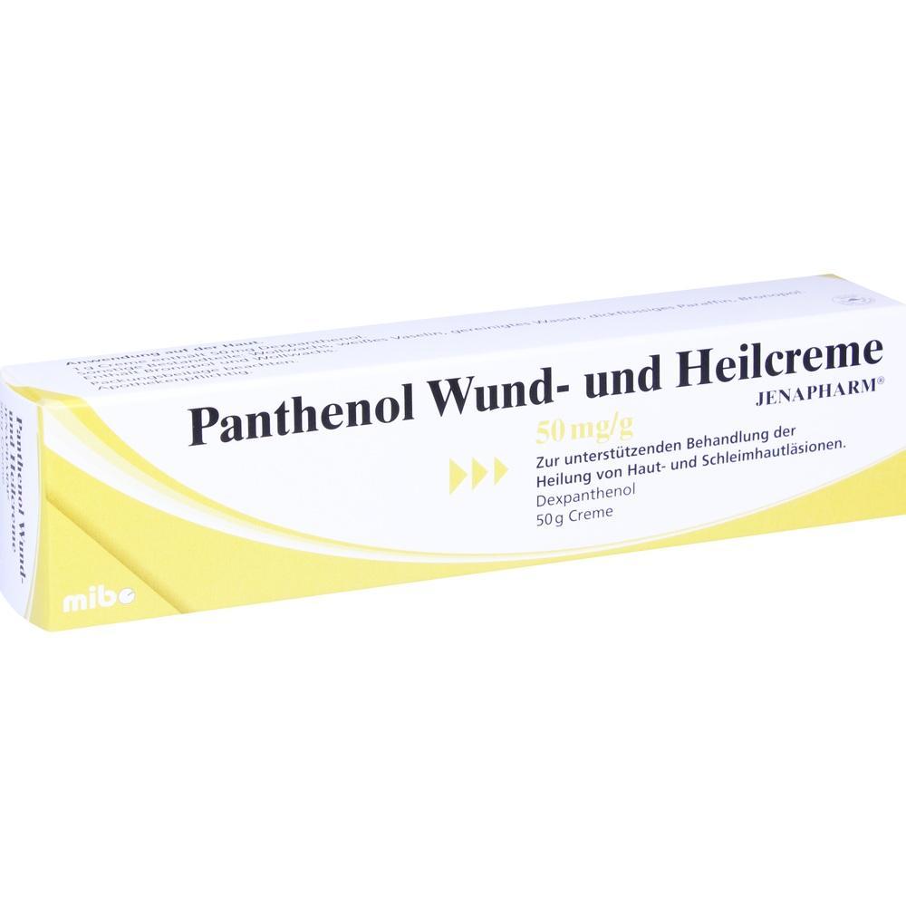 Eine gelbe Box mit Panthenol Wund- und Heilsalbe f&uuml;r die Hautpflege.