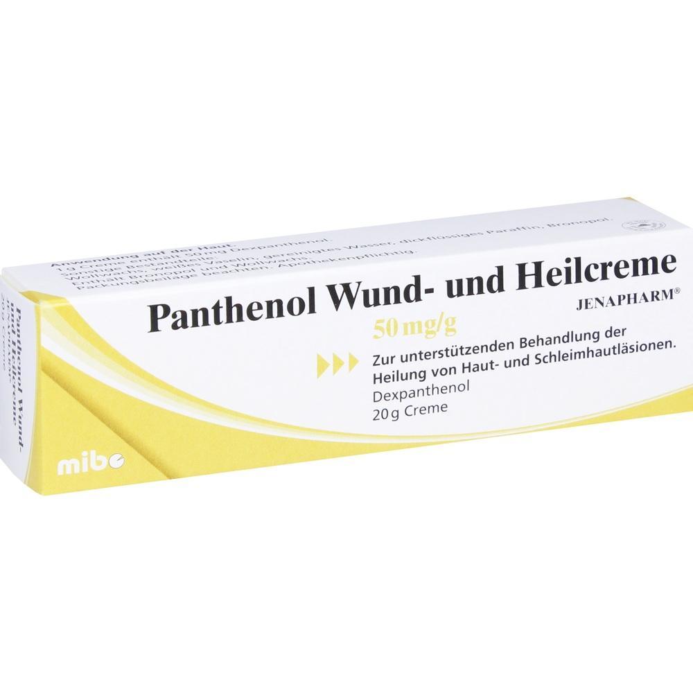 Gelbe und wei&szlig;e Schachtel mit Panthenol Wund- und Heilsalbe.