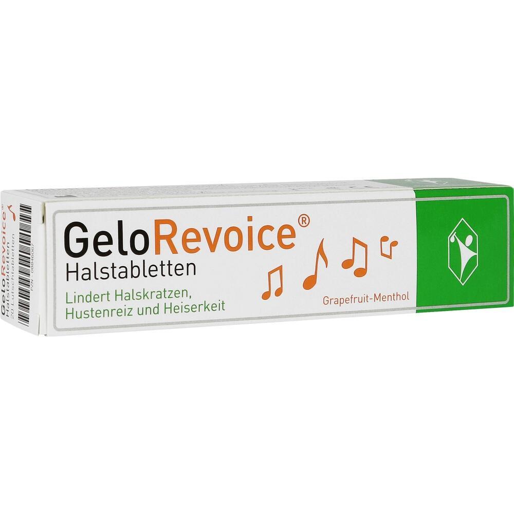 Eine Schachtel GeloRevoice Halstabletten mit Grapefruit-Menthol-Geschmack.