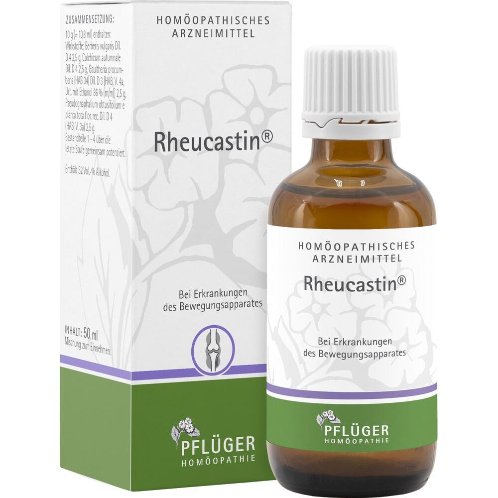 Eine Flasche und Verpackung von Rheucastin, einem homöopathischen Arzneimittel.