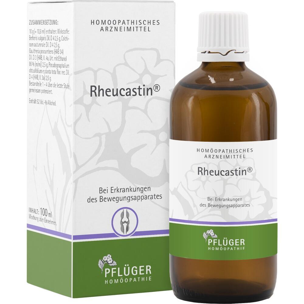 Braune Flasche und weiße Verpackung eines homöopathischen Arzneimittels namens Rheucastin.