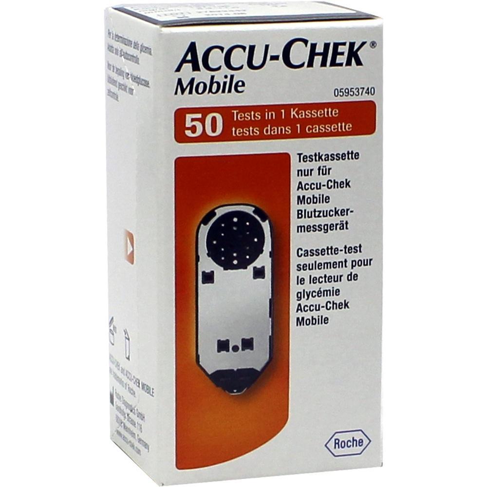 Verpackung von Accu-Chek Mobile Testkassette f&uuml;r Blutzuckermessger&auml;t mit 50 Tests.