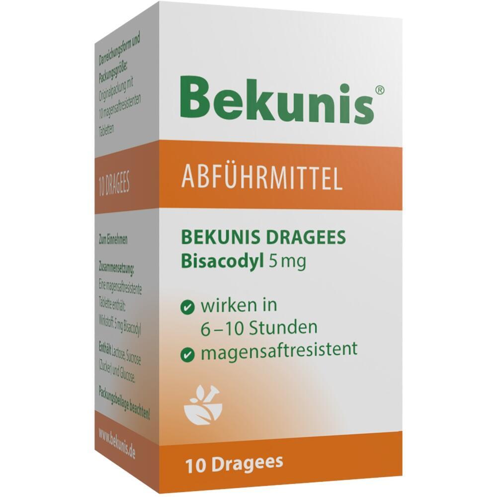 Verpackung eines Abführmittels mit der Marke "Bekunis" und 10 Dragees.