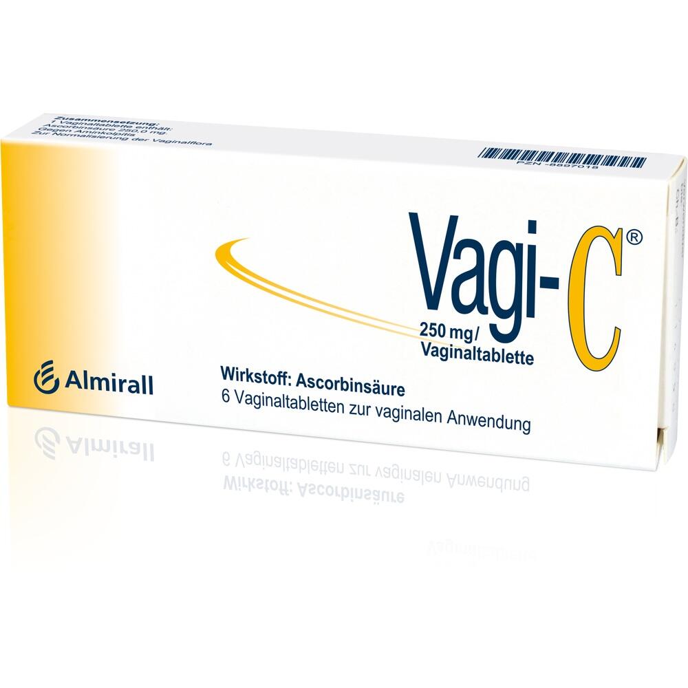 Eine Packung Vagi-C Vaginaltabletten mit Ascorbinsäure.