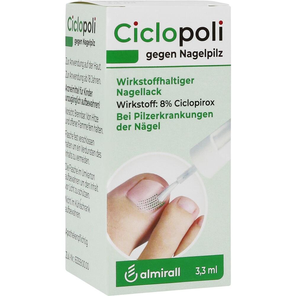 Eine Verpackung zeigt Nagellack gegen Nagelpilz mit Ciclopirox.